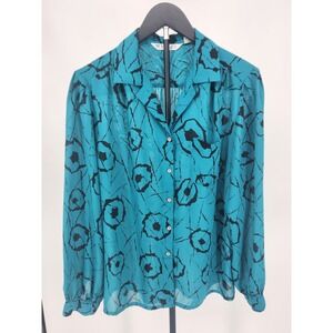 Vintage Messages Teal Blue Black Abstract Floral Button Up Blouse Size 14 Retro
